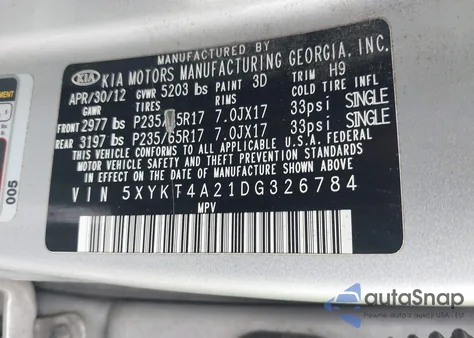 2013 Kia Sorento Lx V6 из США, поврежденный, VIN 5XYKT4A21DG326784